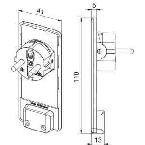 Techn. Zeichnung des weißen EVOline Flachsteckers, 5 mm tief. Ideal für Verlängerungskabel & Steckdosenleisten hinter Möbeln.