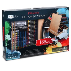 Artina Vincent Staffelei Malset, 188-teilig. Künstlerfarben Set mit Staffelei, Farben, Stiften und Zubehör.
