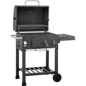 Schwarzer Jamestown Holzkohlegrillwagen Jaxon mit offenem Deckel und Ablagetisch.