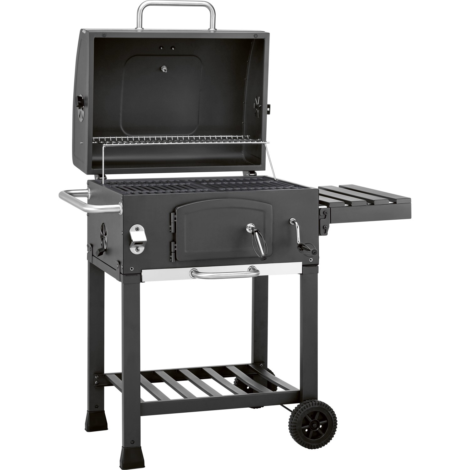 Schwarzer Jamestown Holzkohlegrillwagen Jaxon mit offenem Deckel und Ablagetisch.