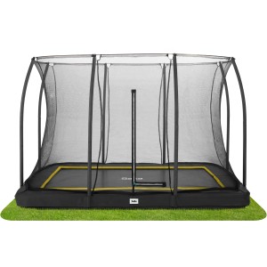 Schwarzes Salta Comfort Edition Bodentrampolin (305x214 cm) mit Sicherheitsnetz im Garten.