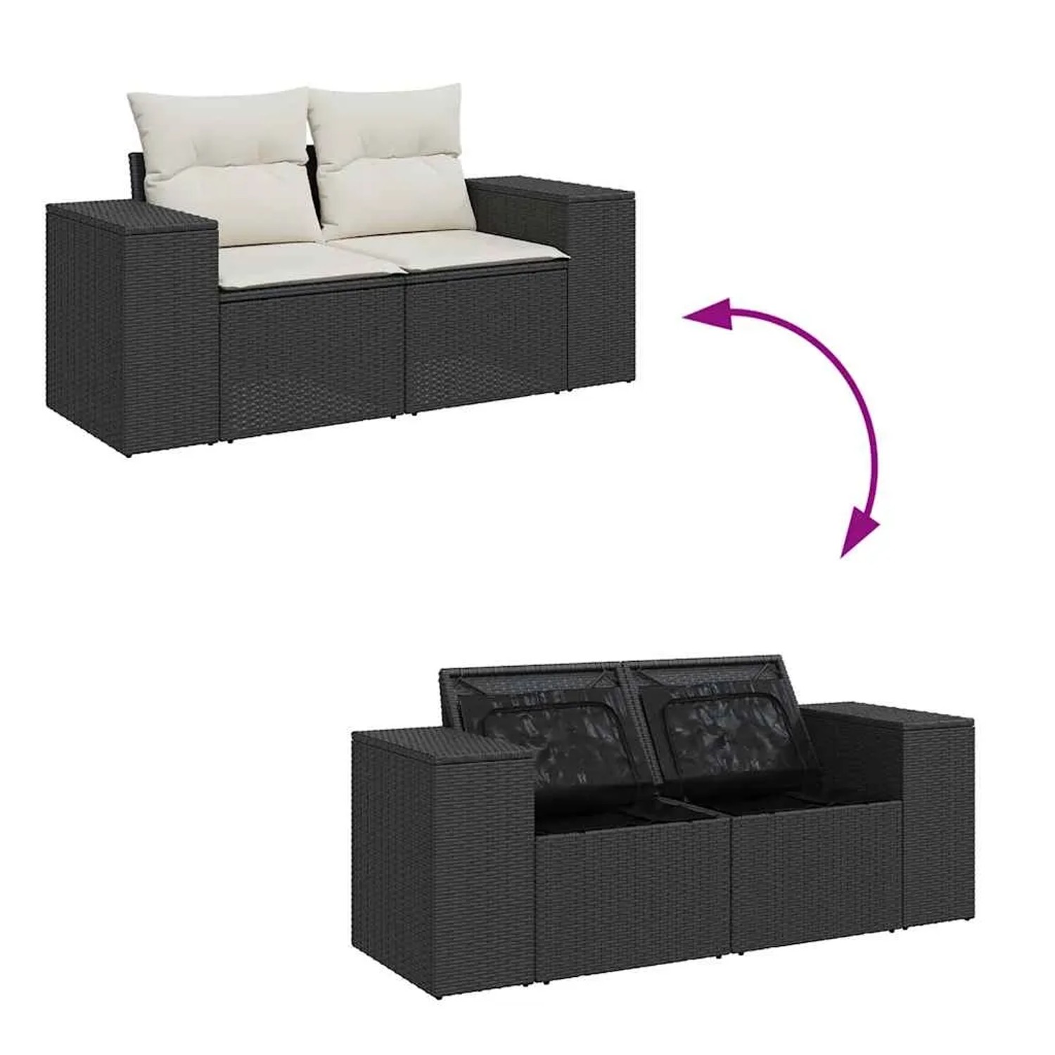 Schwarze 9-tlg. vidaXL Garten-Sofagarnitur aus Poly Rattan mit Kissen und Stauraum.