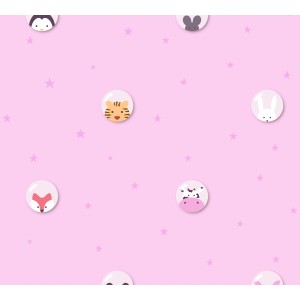 Rosa Kinderzimmer Vliestapete mit Tiermotiven (Tiger, Pinguin, Hase, etc.) und Sternen.