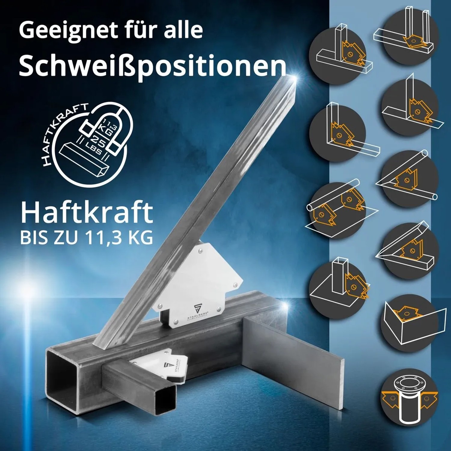 STAHLWERK Magnet-Schweißwinkel Set hält Metallteile präzise in Winkeln von 30-135°. Haftkraft bis 11,3 kg für Schweißarbeiten.