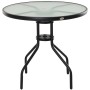 Runder Outsunny Gartentisch mit Schirmloch und Hartglasplatte, schwarzes Metallgestell.