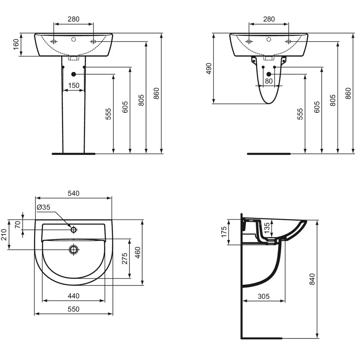 Ideal Standard Waschtisch Eurovit 55 cm 1 Hahnloch mit Überlauf 