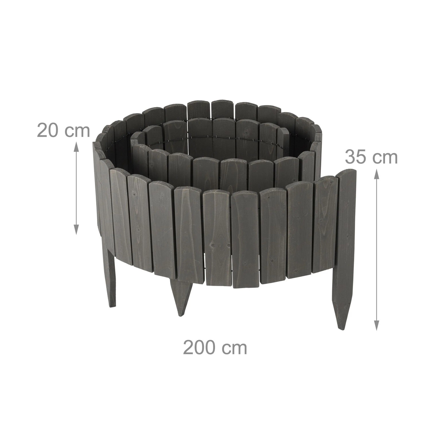 Flexible, dunkelgraue Relaxdays Beeteinfassung aus Tannenholz, 200 cm lang, für Gartenbeete.