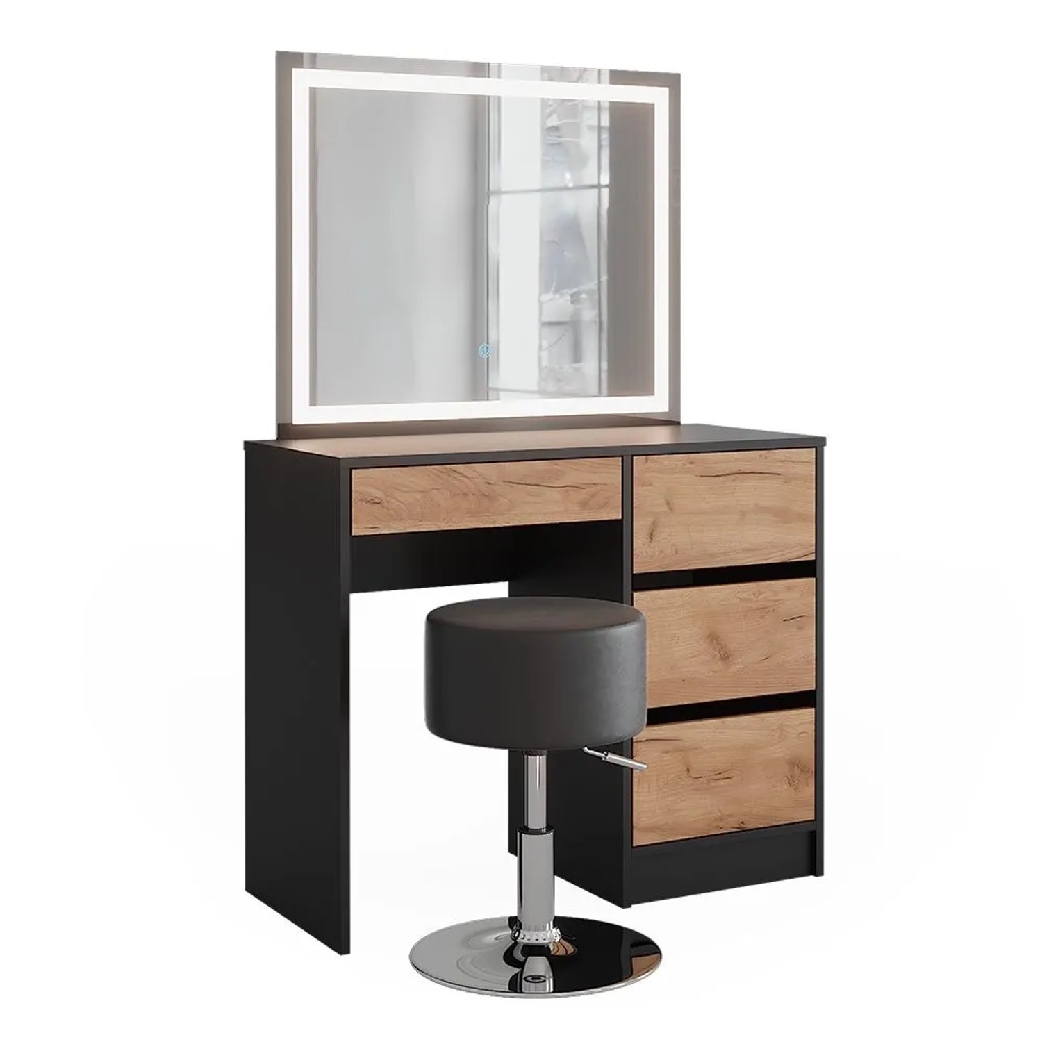 Vicco Schminktisch Sherry Anthrazit/Goldkraft Eiche 90 x 140 mit LED-Spiegel und Hocker