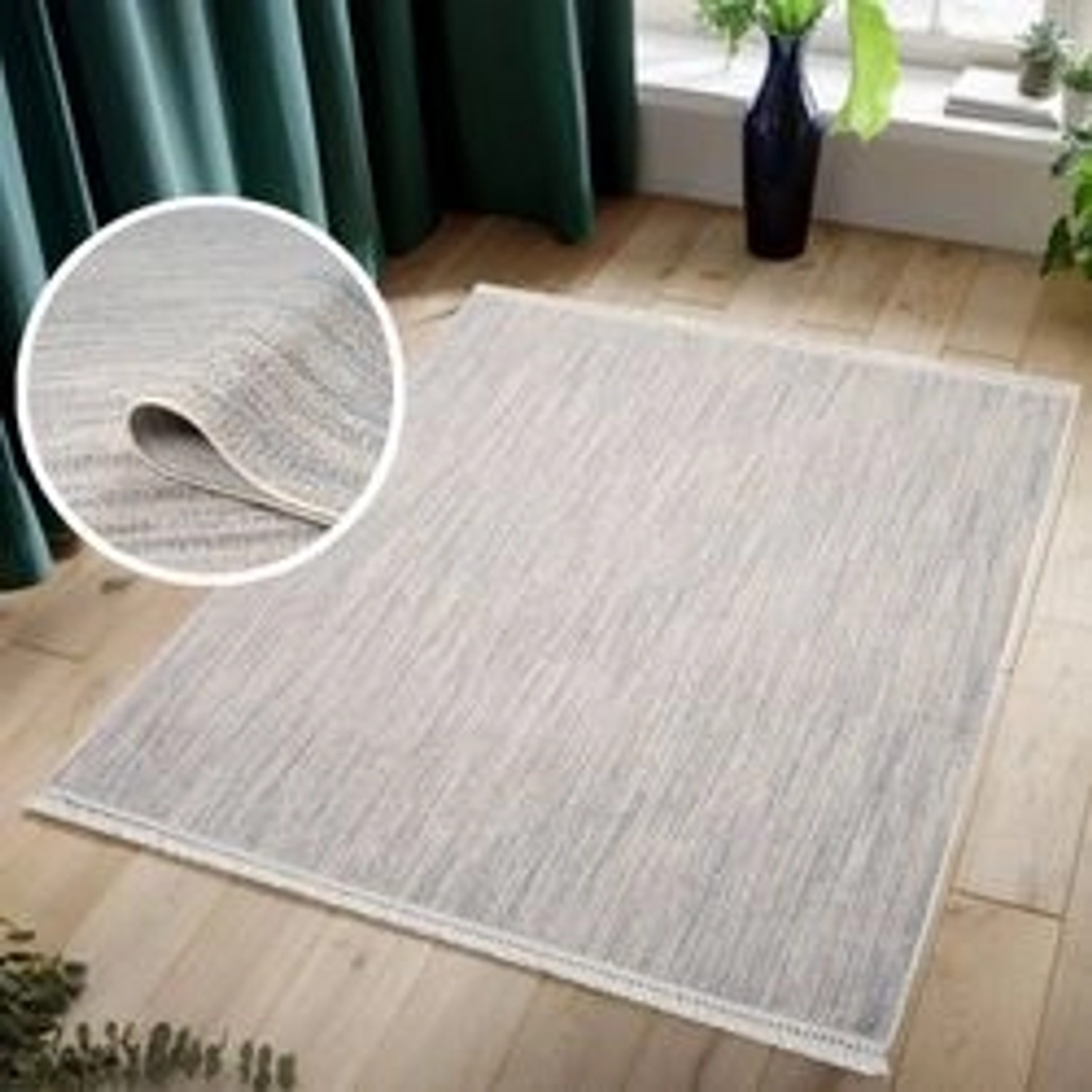 Grauer payé Teppich Klassiko 52 mit Fransen, 200x290 cm, im Boho-Stil.