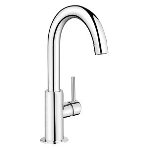 Chromfarbene baliv Waschtischarmatur WT-150 mit hohem, gebogenem Auslauf.