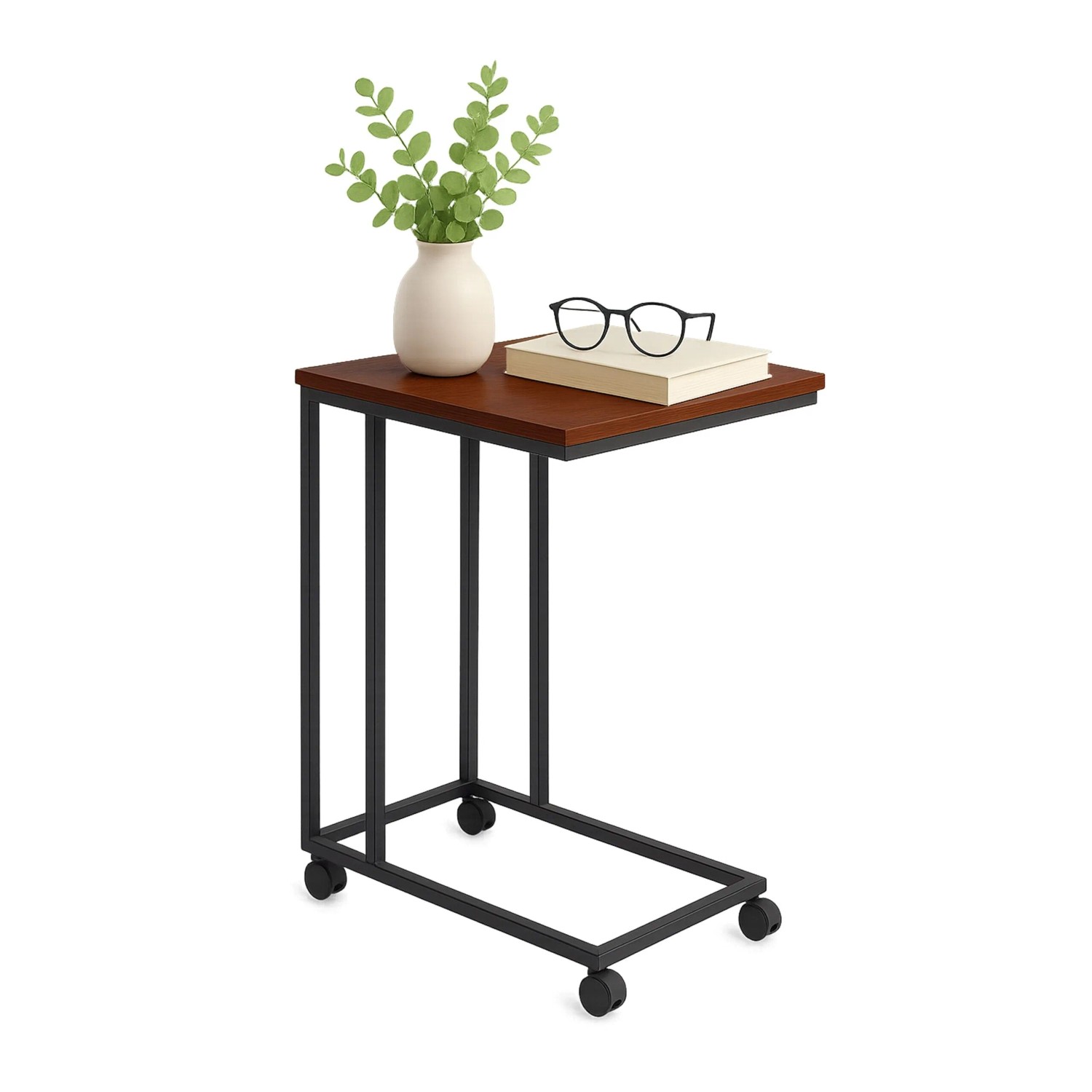 Relaxdays Beistelltisch MDF Eisen Schwarz C Form mit Rollen 50 cm x 35 cm x 68 cm