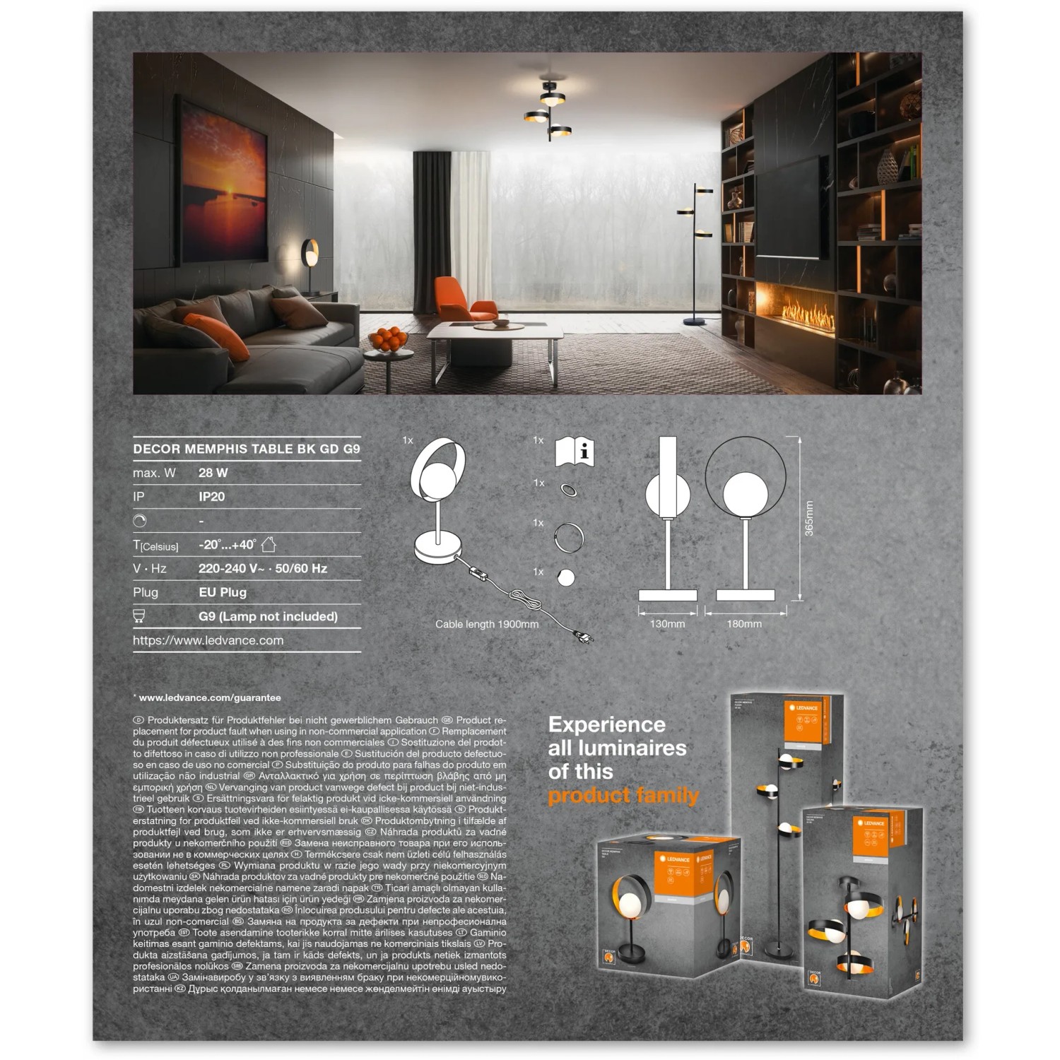 Ledvance Tischleuchte Decor Memphis, schwarz-gold, 36,5 cm. Dekorative LED-Tischlampe für Wohnzimmer und Büro.