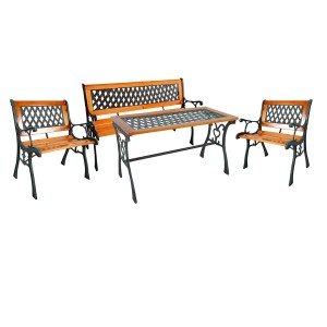 Mojawo 4-tlg. Gartenmöbel Set mit Bank, Tisch und 2 Stühlen aus Gusseisen und Holz.