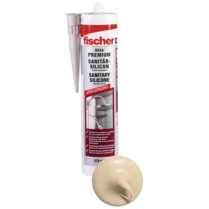 Fischer Sanitärsilicon DSSA Bahama-Beige, Kartusche mit Farbklecks.