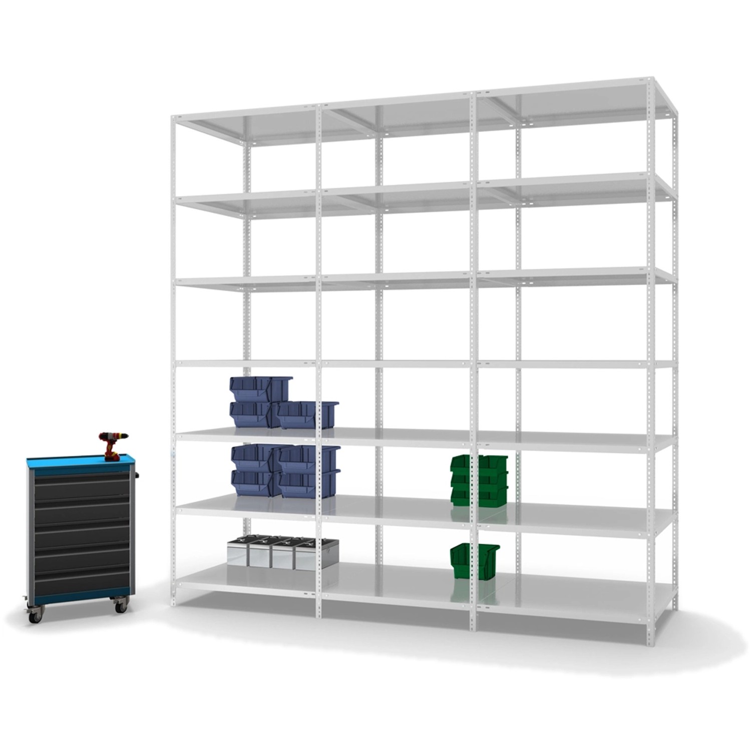 Lichtgraues PROREGAL Fachbodenregal mit 7 Ebenen, beidseitig nutzbar, Fachlast 125kg.