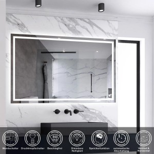 Rechteckiger Badspiegel 100x60 cm mit LED-Beleuchtung, Dimmfunktion und Drehknopf.