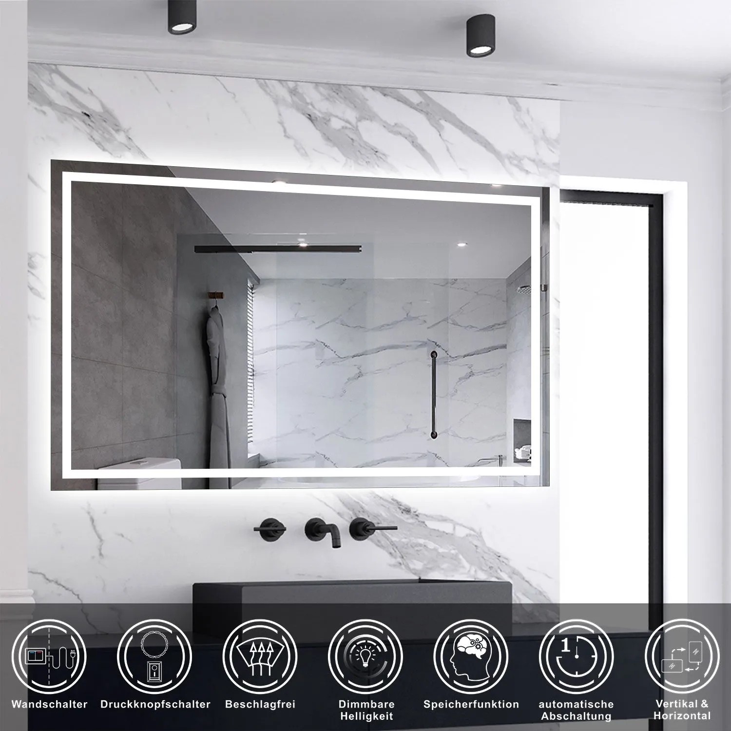 Rechteckiger Badspiegel 100x60 cm mit LED-Beleuchtung, Dimmfunktion und Drehknopf.