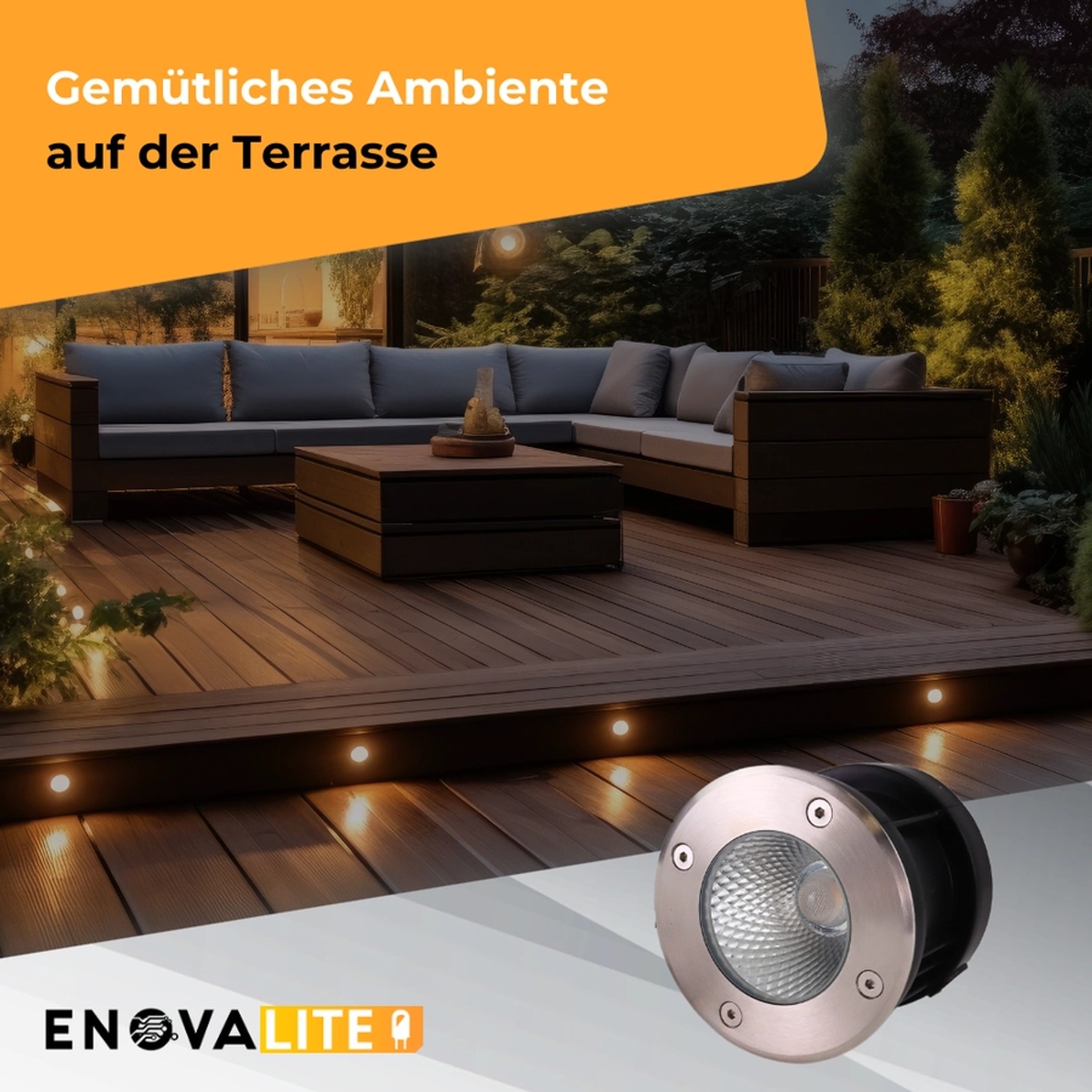 ENOVALITE LED Bodeneinbauleuchte, Gartenstrahler, warmweißes Licht auf Terrasse.