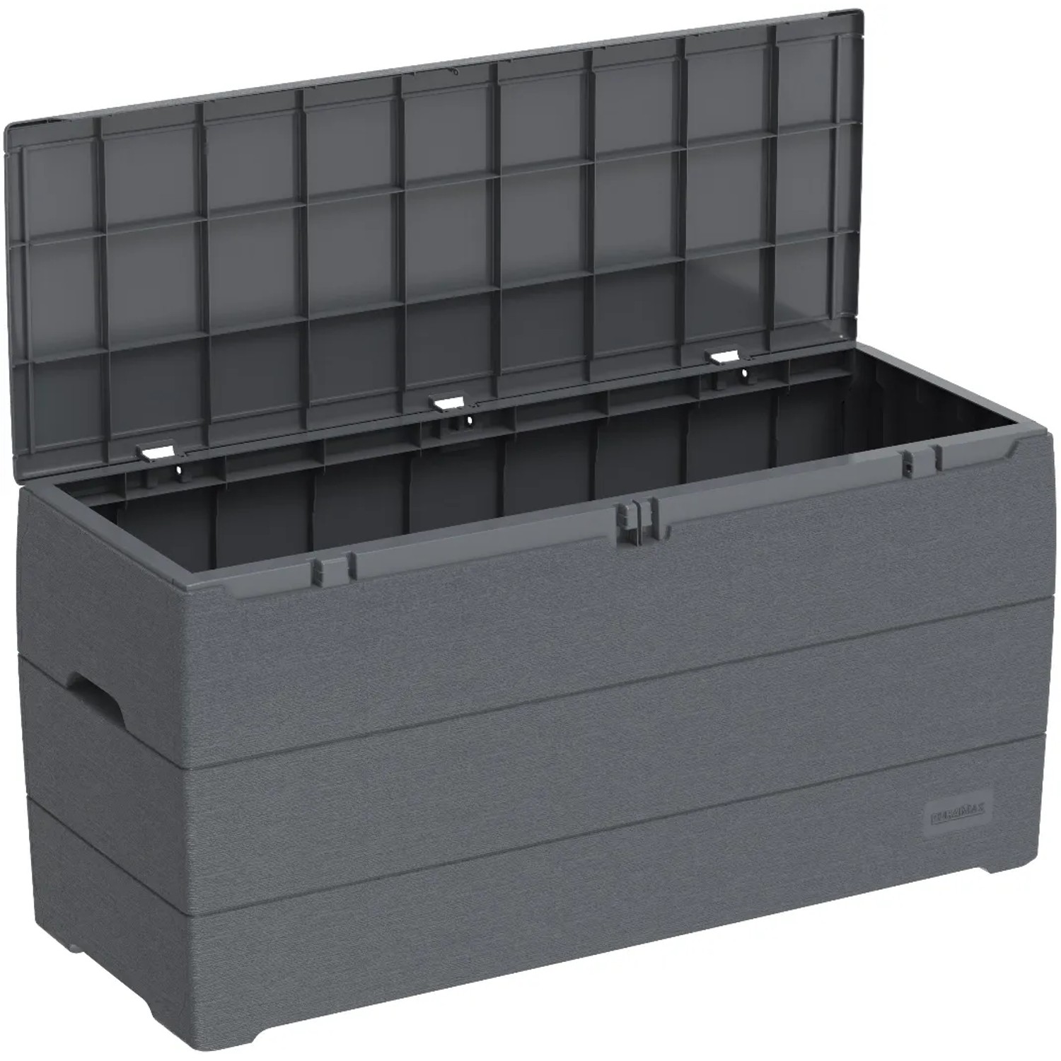 Geöffnete Duramax Durabox 270L Universalbox in Anthrazit. Kunststoffbox für Garten & Innenraum.
