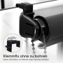Detailaufnahme: Schwarzes Seitenzugrollo mit Klemmträger am Fensterrahmen.