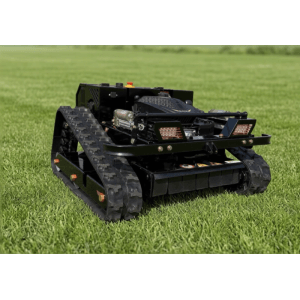 Schwarzer CARTIWELL CW-500 PLUS ferngesteuerter Benzin-Rasenmäher mit Ketten auf grünem Gras für Hänge.