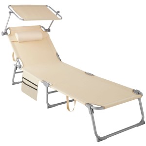 Beige Tectake Sonnenliege Chloé mit Sonnendach, klappbar und verstellbar.