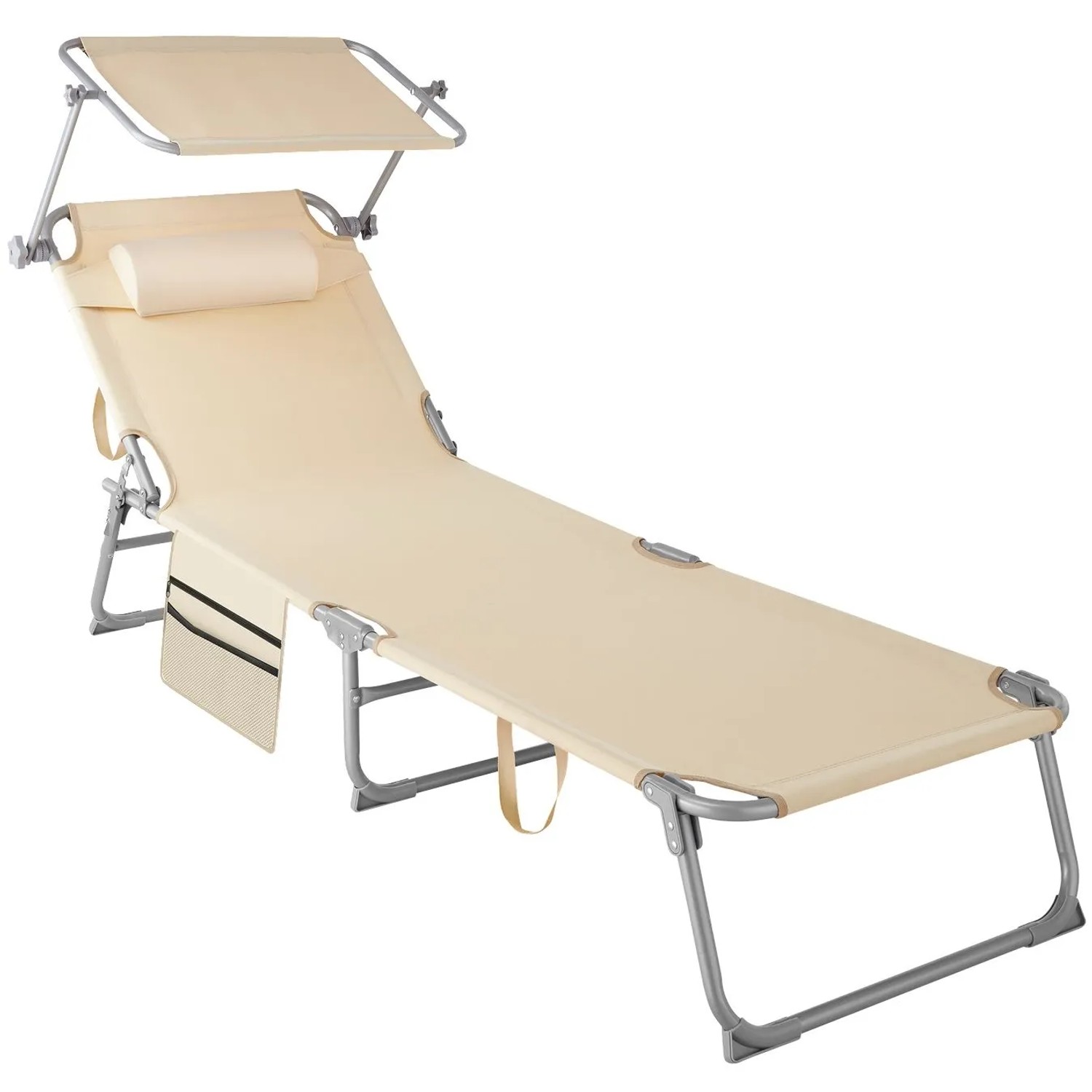 Tectake Sonnenliege Chloé Klappbar  Stufenlos Verstellbares Sonnendach  161 x 68 x 111 cm Beige