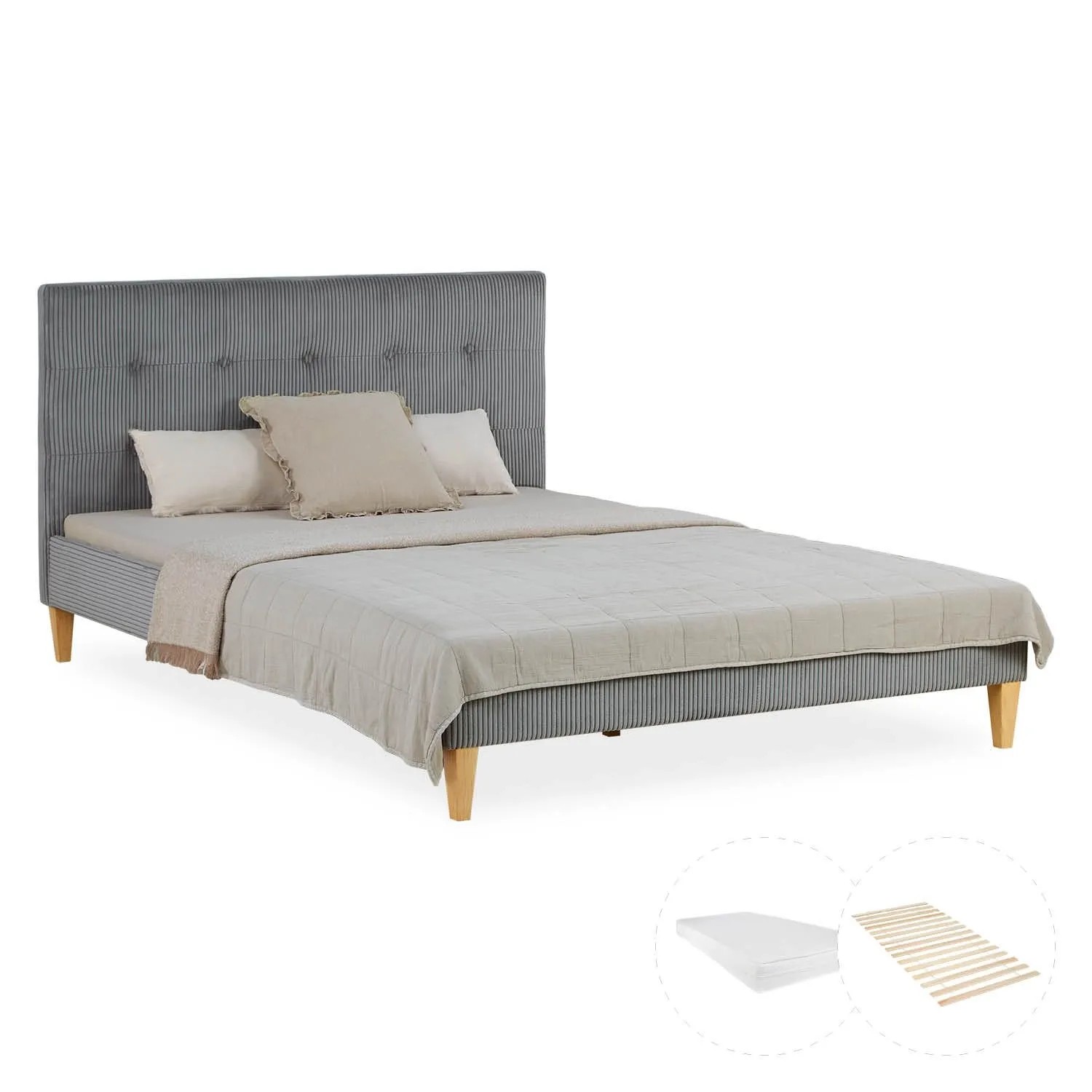 Homestyle4u Polsterbett 140x200 cm mit Matratze Doppelbett Cord Grau 2733