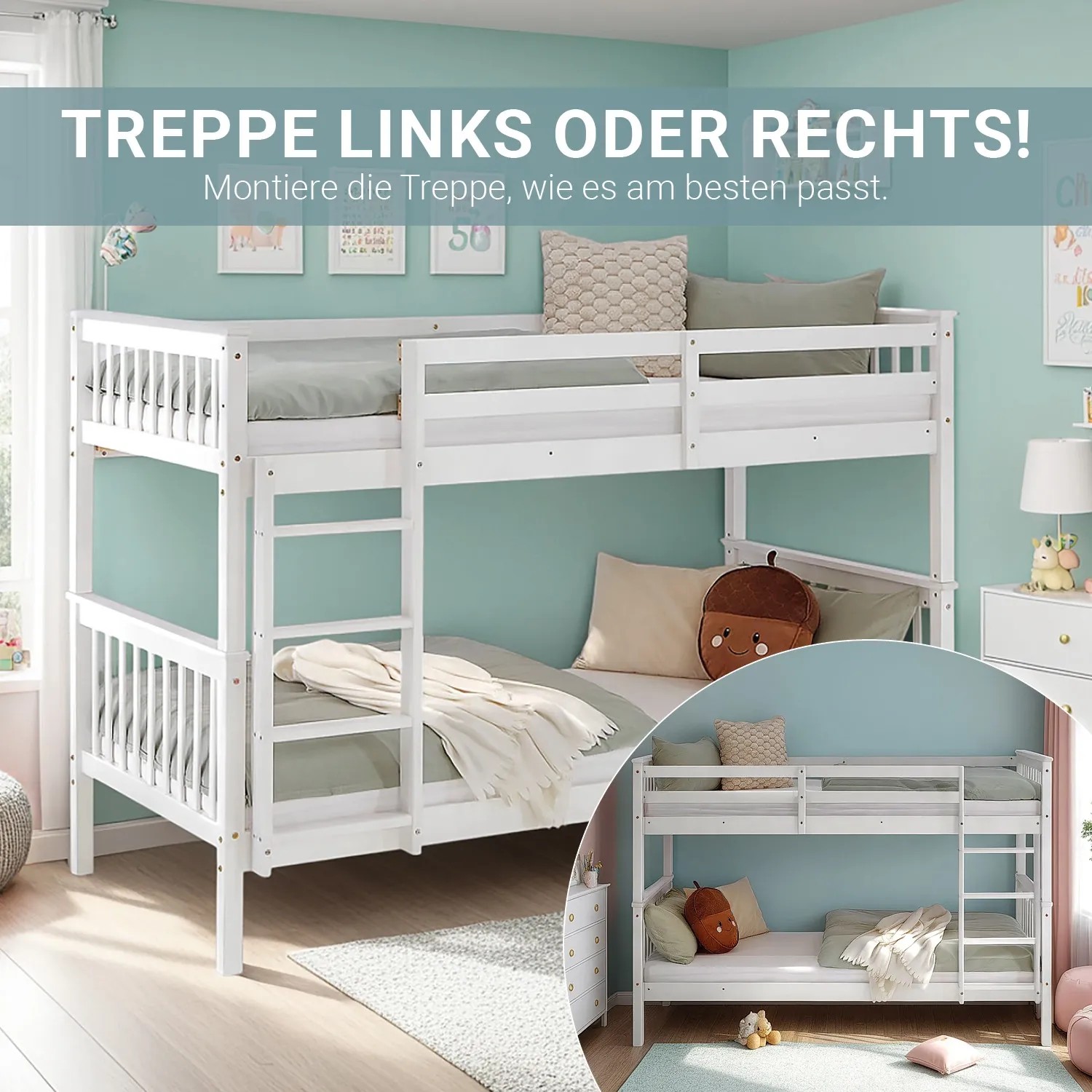 Weißes Homestyle4u Etagenbett aus Holz, 90x200 cm, mit Leiter und zwei Liegeflächen.