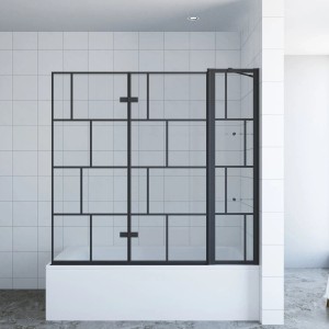 Aquabatos Badewannenaufsatz, 3-teilige Duschwand mit schwarzem Rahmen und Karomuster.