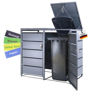 Albatros Mülltonnenbox für 2 Tonnen bis 240L, anthrazitgrau, verzinkter Stahl, mit Dämpfer und Aufkleber-Set.