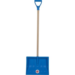 Blauer SONNECK Kinder Schneeschieber MAXI aus Kunststoff mit Holzstiel und Ergo-Griff.