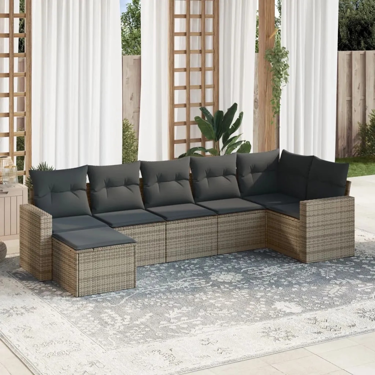 Graue 7-tlg. Garten-Sofagarnitur aus Polyrattan mit Kissen, modulares Design für Terrasse und Garten.