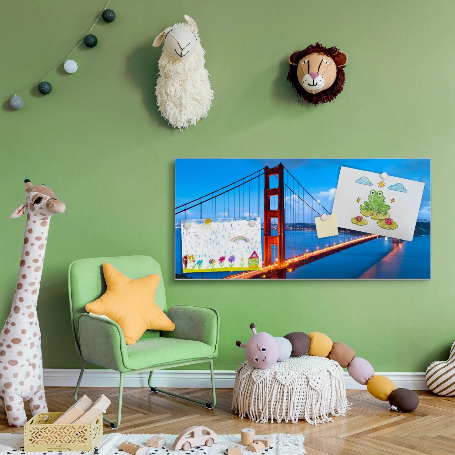 Magnettafel mit Golden Gate Bridge Motiv, 78x37cm. Silberne Magnetwand für Notizen und Fotos, inklusive Magnete.