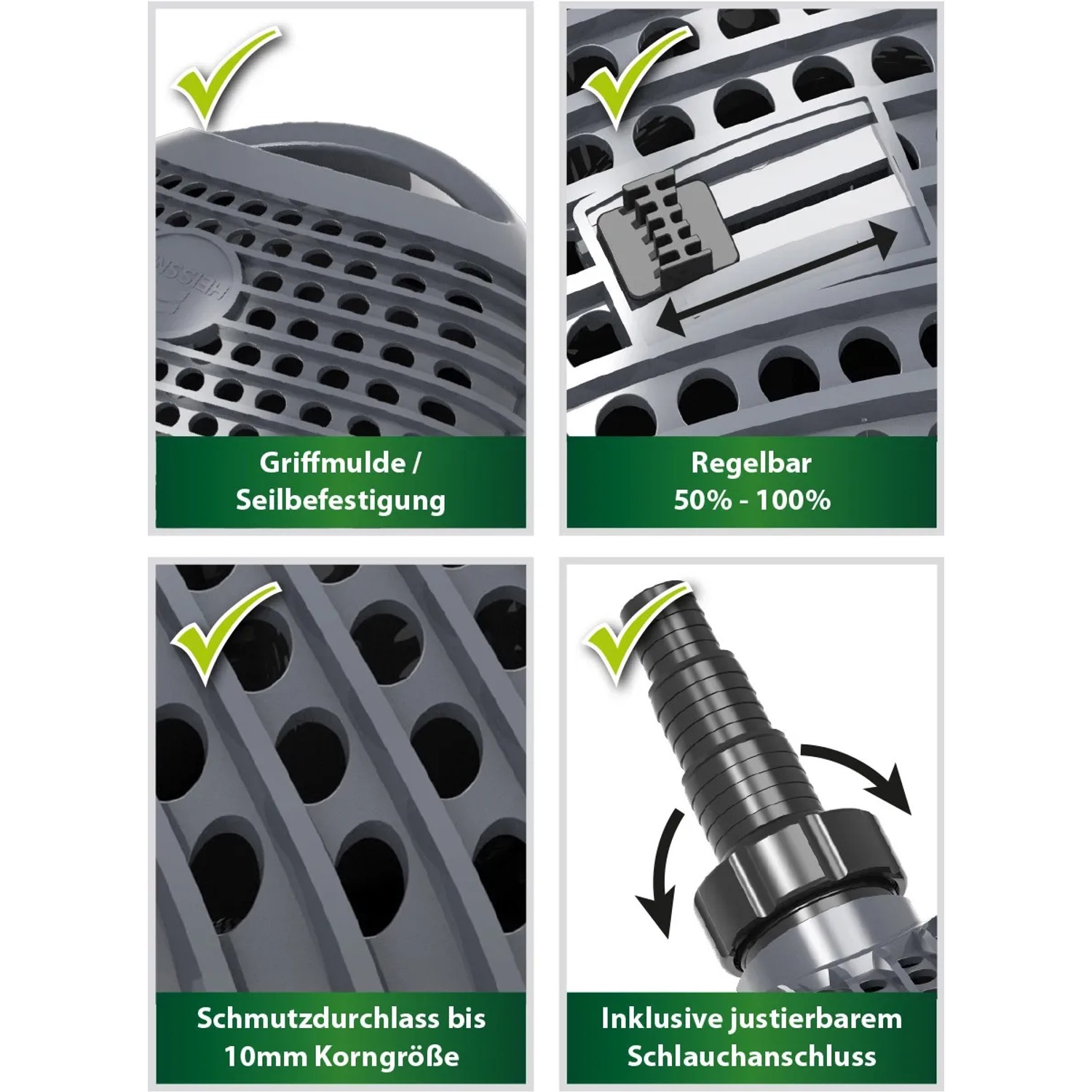 Details der Heissner Filter- & Bachlaufpumpe Aqua Craft Eco 7.000: Griff, Regulierung, Schmutzfilter, Schlauchanschluss.