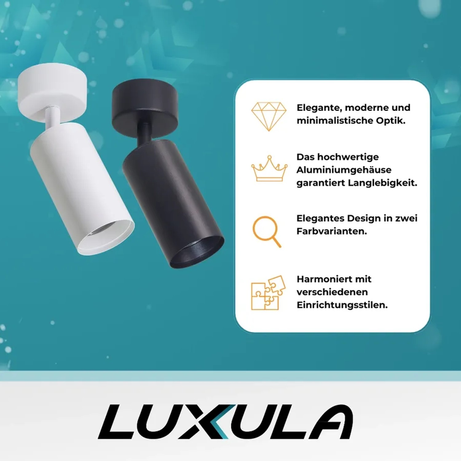 LUXULA LED Aufbauspots, weiß und schwarz, schwenkbar, aus Aluminium.
