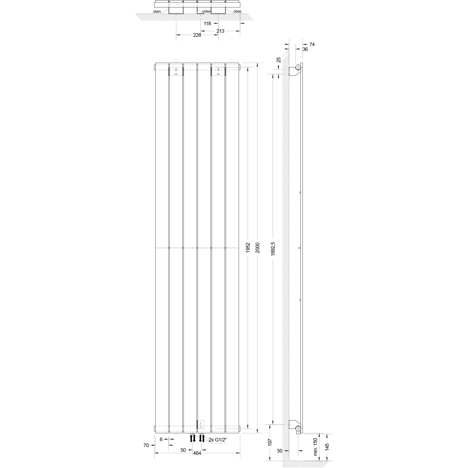 Technische Zeichnung Schulte Design-Heizkörper Aachen, Mittelanschluss, Alpinweiß, Maße und Anschlüsse.