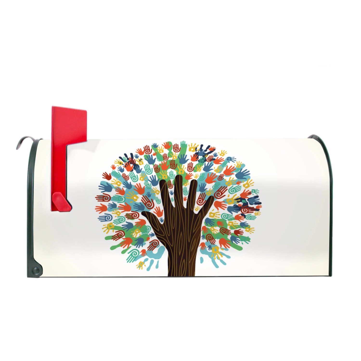 Grüner US Briefkasten mit Motiv 'We Are The World', roter Fahne und Handabdruck-Design.