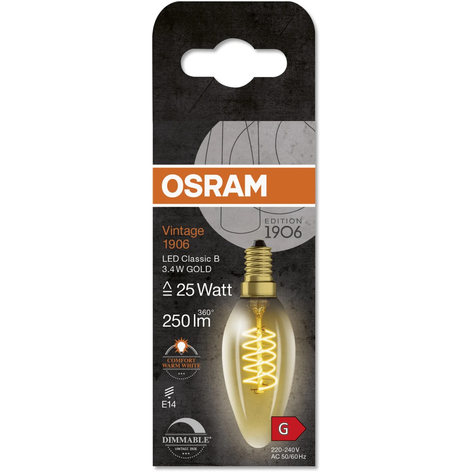 Osram LED-Lampe E14 Kerzenform, 3,4W, warmweiß, dimmbar. Vintage Leuchtmittel für stimmungsvolle Beleuchtung.