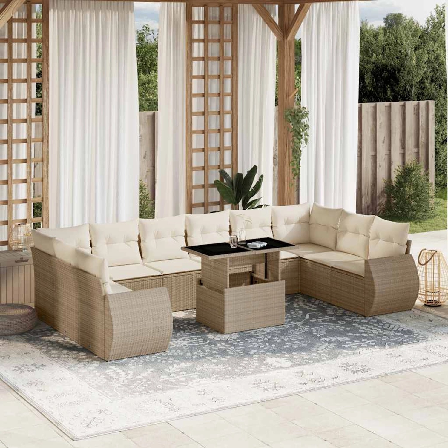 Beige 11-tlg. vidaXL Garten-Sofagarnitur aus Poly Rattan mit Tisch und Kissen.
