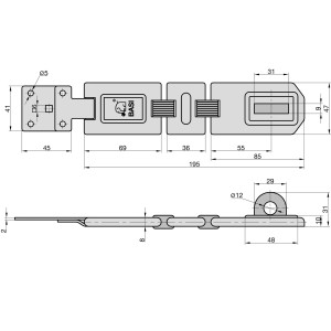 Technische Zeichnung einer Basi Sicherheitsüberfalle, 195 mm, mit Maßen und 2 Gelenken.
