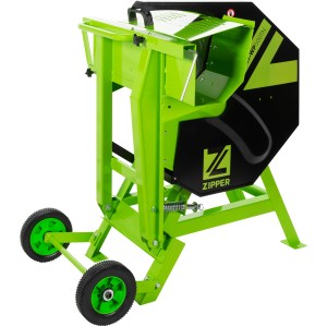 Zipper Wippsäge ZI-WP500TN: Grüne Wippkreissäge mit Fahrwerk und großem Sägeblatt.