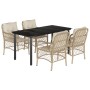 5-teilige Garten Essgruppe aus Rattan mit schwarzen Tisch und beigen Kissen.