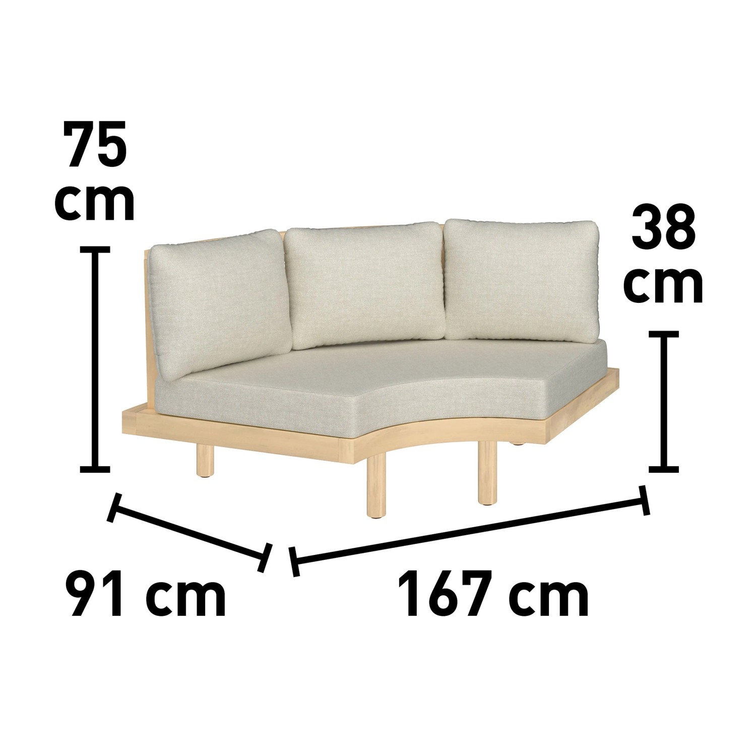 Modulare Gartenlounge Waldport, 4-teilig, Akazienholz, beige, Ecksofa mit Maßen.