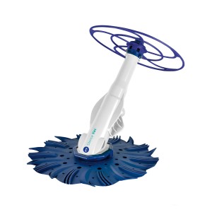 Weißer Gre Automatik-Poolreiniger für Wand und Boden mit blauem Bürstenkopf und blauen Radelementen.