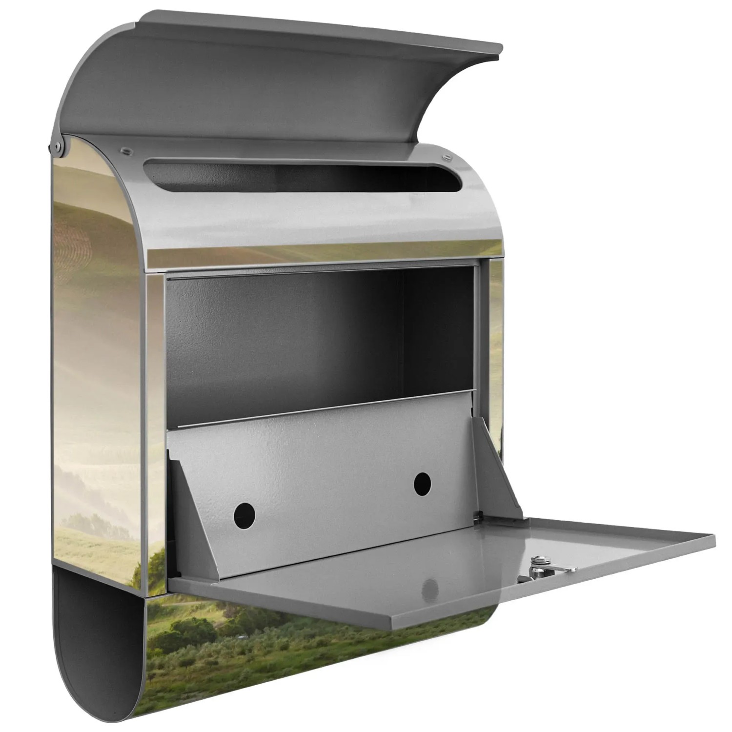 Silberner Banjado Design Briefkasten mit Toscana Motiv und Zeitungsfach, geöffnet.