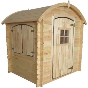 Naturfarbenes Kinderspielhaus Patty mit Runddach, aus unbehandeltem Kiefernholz.