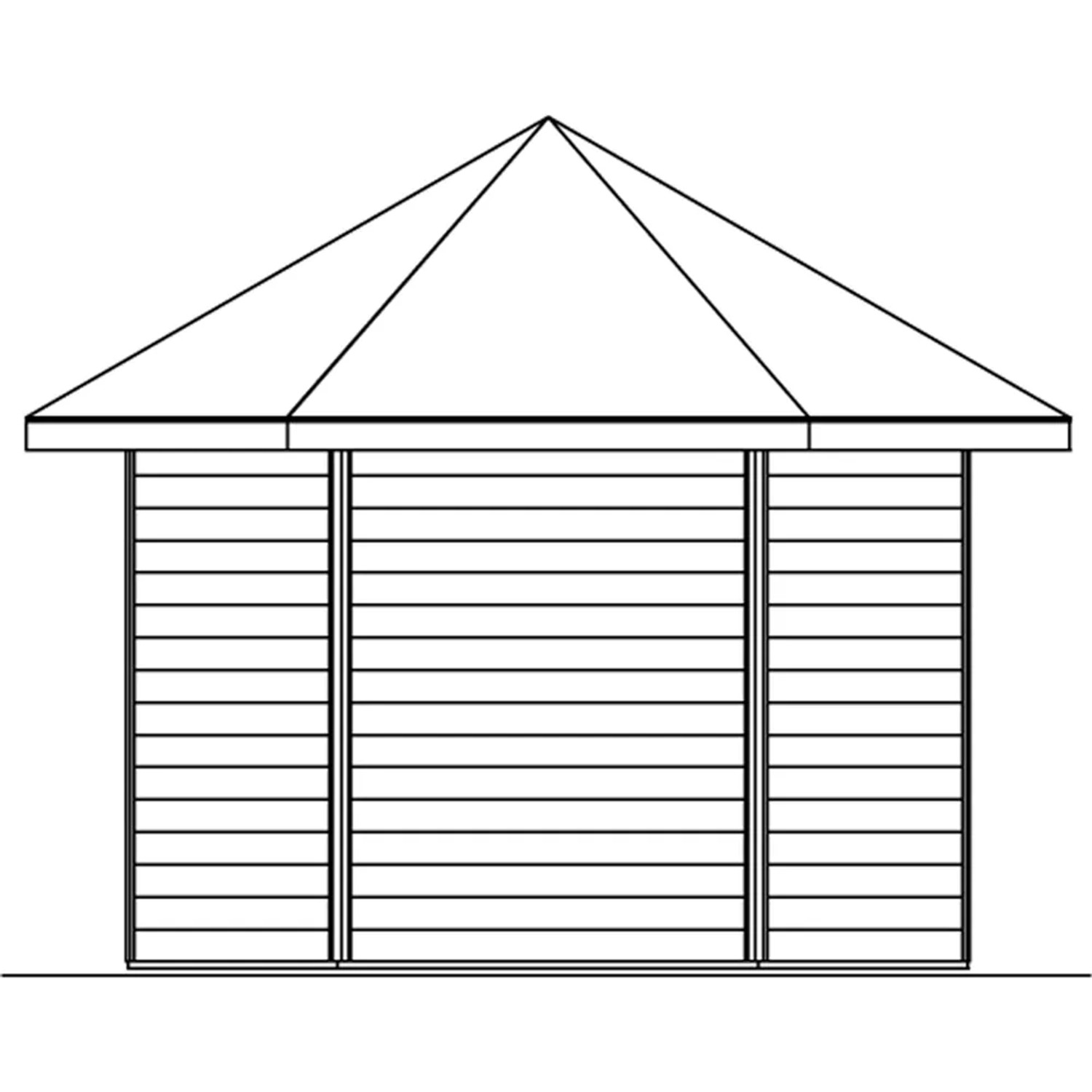 Holz-Pavillon Almelo, Schwedenrot, 350x303 cm, Seitenansicht. Gartenlaube mit Spitzdach und horizontaler Holzverkleidung.