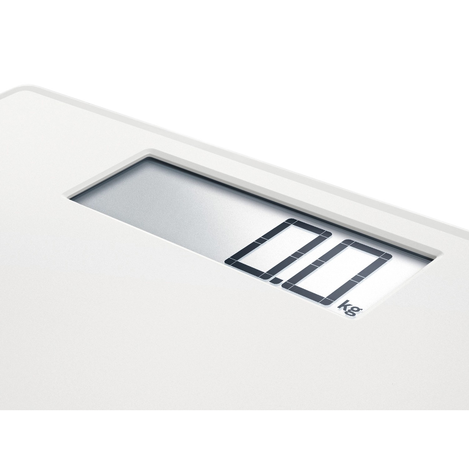 Detailansicht der weißen Leifheit Digital Style Sense Safe 100 Personenwaage mit Digitalanzeige.