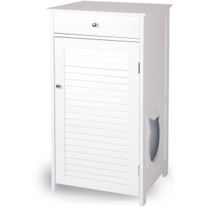 Weißer WONDERMAKE Katzenschrank mit Schublade und Katzenloch als Einstieg.